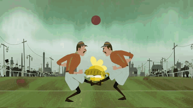 a cartoon of two men playing a game of soccer