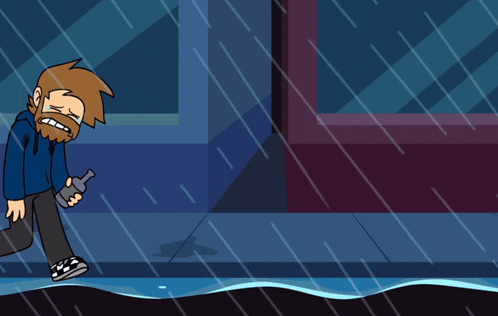 a cartoon character walking in the rain holding a bottle