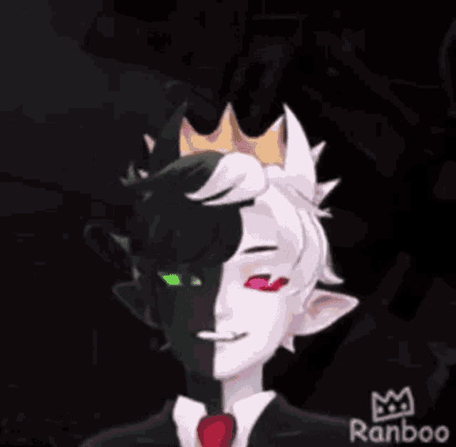 a close up of a person wearing a suit and tie with a crown .