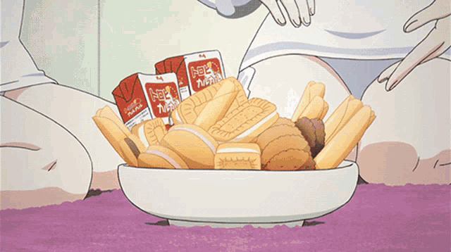 a cartoon drawing of a person eating a bowl of cookies and a carton of heinz tomato sauce