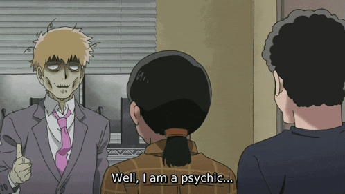 a man in a suit and tie is talking to a woman who says well i am psychic