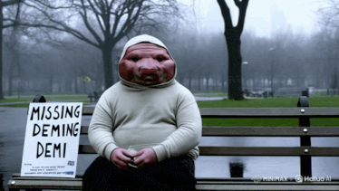 a man sitting on a park bench with a sign that says missing deming demi