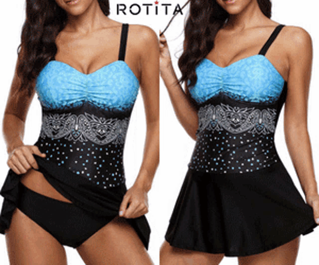 a woman is wearing a black and blue bathing suit with rotita written on the bottom