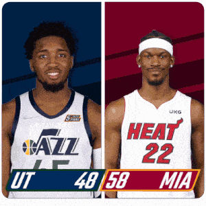two basketball players one from utah and one from heat are standing next to each other