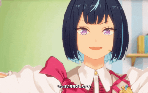 a girl with short black hair and purple eyes is smiling in a video game