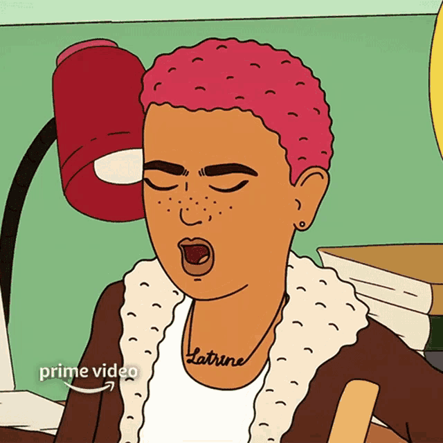 a cartoon of a woman with pink hair and the name latrine on her necklace