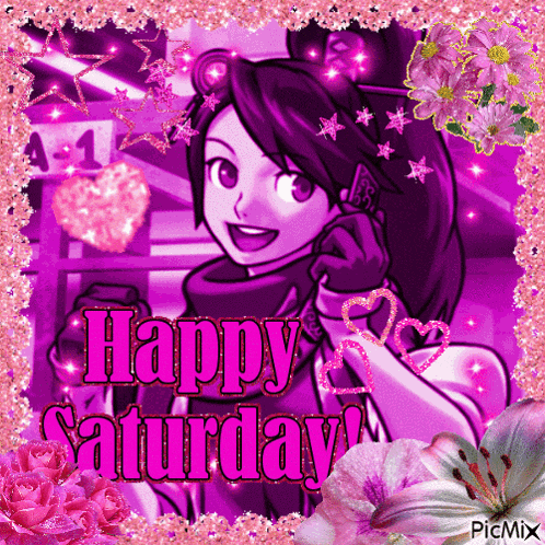 a picture of a girl that says happy saturday on it
