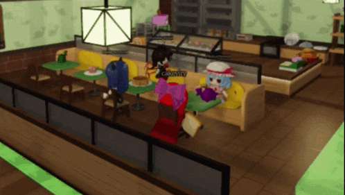 a cartoon character is sitting at a table in a restaurant with a name tag that says ' cakester ' on it