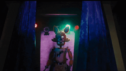 a cartoon character in a dark room with red lights on