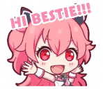 a pink anime girl with red eyes is holding her hands up and saying hi bestie !