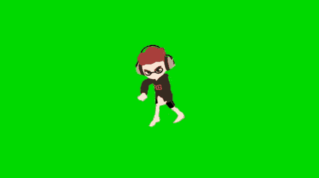a cartoon character wearing headphones and a red shirt is walking on a green screen .