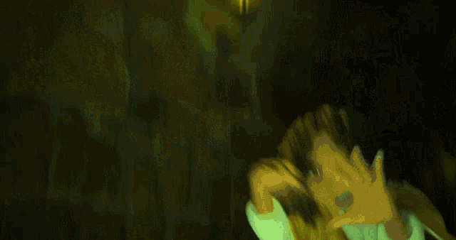 a cartoon character in a yellow poncho is screaming with his mouth open