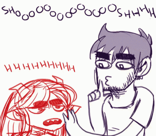 a drawing of a man with a beard and a woman with a red hair says shhhh