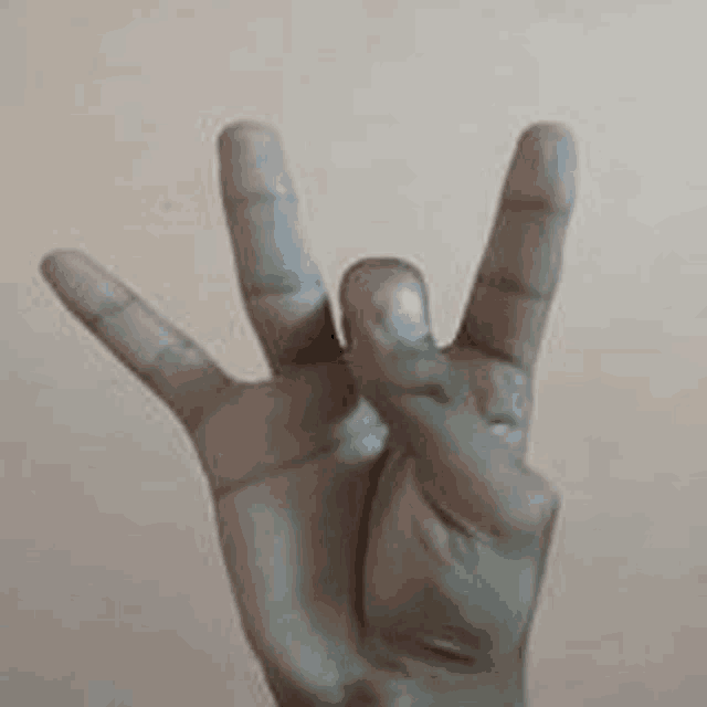 a close up of a person 's hand making a rock sign .