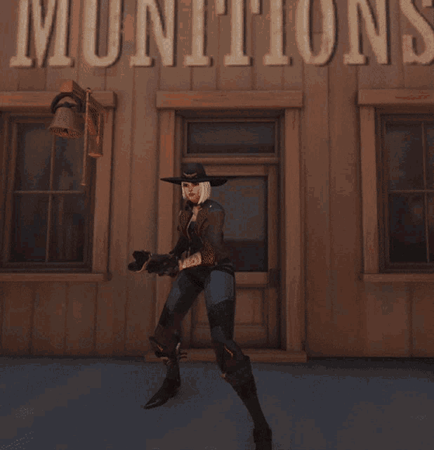 a woman holding a gun in front of a building that has the word munitions on it