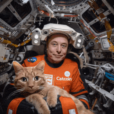 a man wearing an orange catcoin shirt holds an orange cat