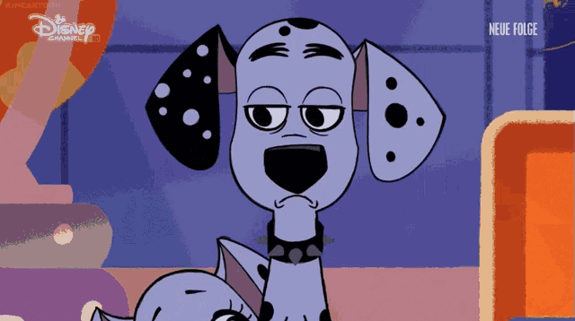 a dalmatian dog with a black and white collar and a disney logo on the bottom