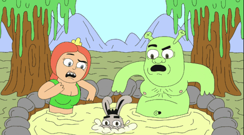 a shrek cartoon shows a woman and a rabbit in a hot tub