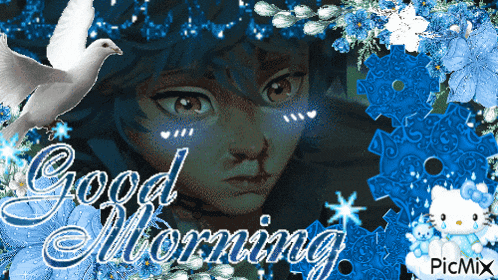a picture of a girl with the words " good morning " written on it