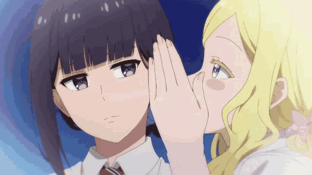 two anime girls are whispering into each other 's ears