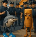 a group of police officers are standing next to a shark and a cartoon character .