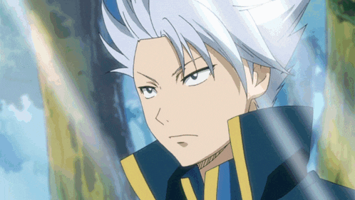 a close up of a anime character with white hair and a blue jacket