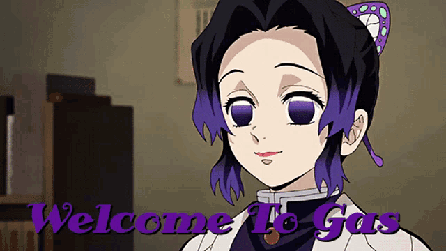 a girl with purple hair and the words welcome to gas