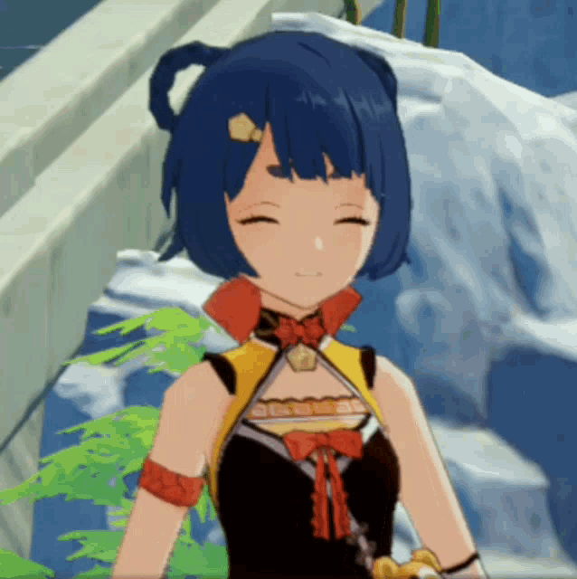 a cartoon character with blue hair and a yellow top smiles