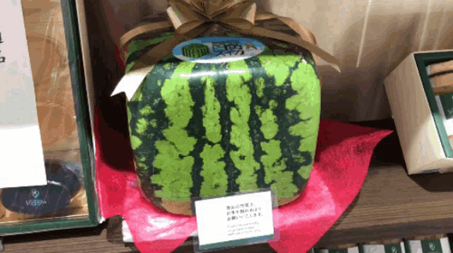 a square watermelon with a label on it