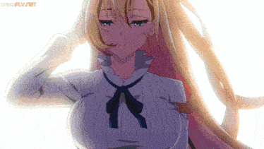 a girl with long blonde hair and a white shirt with a blue bow on her neck