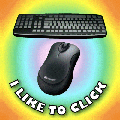 a microsoft mouse sits next to a keyboard with the words i like to click below it