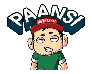 a cartoon man wearing a green shirt and a red hat with the word paansi on it .