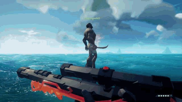a video game screen shows a man standing on a boat in the ocean with the username evergreen401