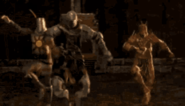 a person in a knight 's armor is reaching out towards a statue