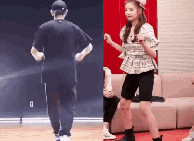 a man and a girl are dancing and the girl is wearing a plaid shirt