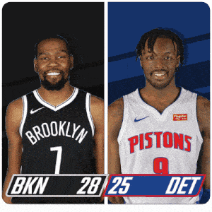 two basketball players one from brooklyn and the other from pistons are standing next to each other