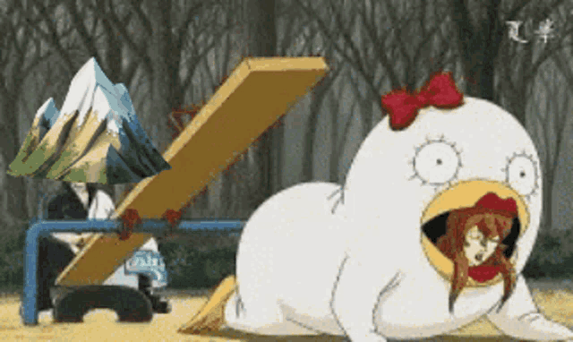 a cartoon of a chicken with a red bow on its head
