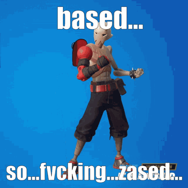 a picture of a skeleton holding a sword with the words based so fucking zased below it