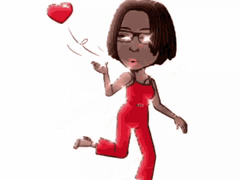 a cartoon woman is pulling a red suitcase with a heart in her mouth .