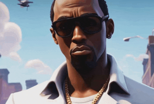 a man wearing sunglasses and a gold chain looks at the camera