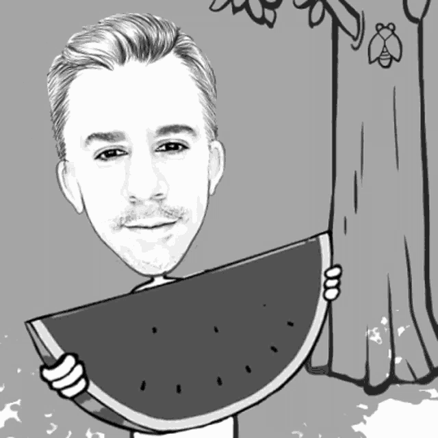 a man holding a slice of watermelon in front of his face