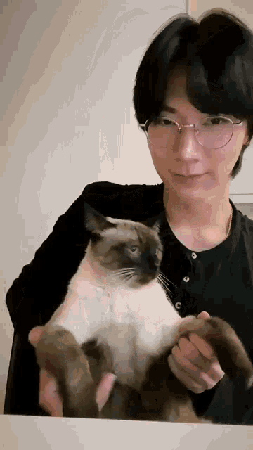 a man wearing glasses is holding a siamese cat .