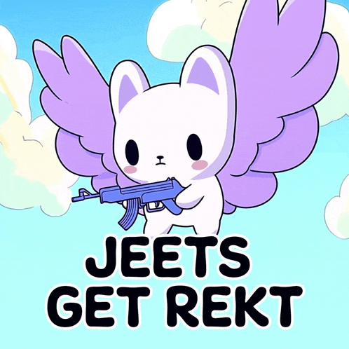 a cartoon of a cat holding a gun with the words jeets get rekt below it
