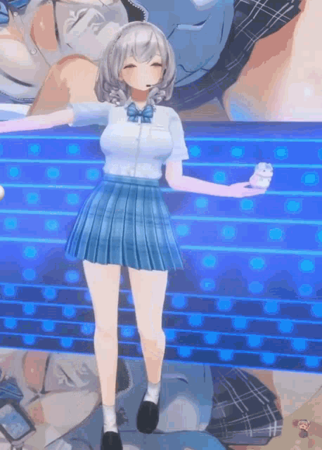 a girl in a blue skirt and white shirt is standing in front of a blue background
