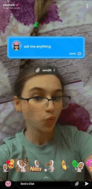a screenshot of elizabeth 's snapchat with a blue box that says ask me anything on it