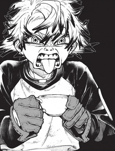 a black and white drawing of a person sticking their tongue out while holding a cup