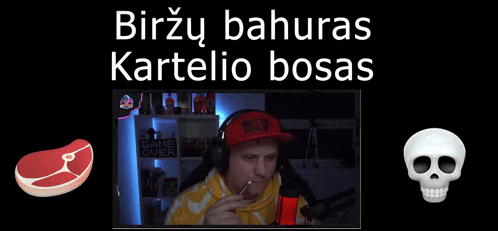 a man smoking a cigarette in front of a screen that says birzy bahuras kartelio bosas