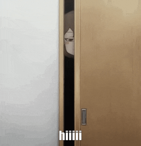 a person is peeking out from behind a wooden door with the words hiiiiii written on it .