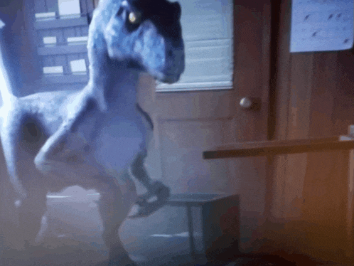 a dinosaur is standing in a room with a calendar on the wall