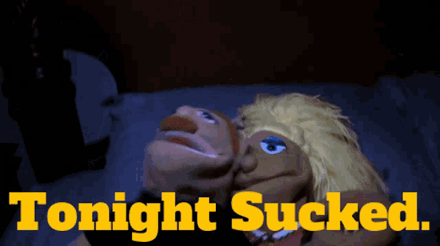 a couple of stuffed animals laying on a bed with the words tonight sucked written above them